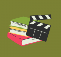clipart stack of books and movie clapperboard
