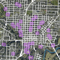 Areal map of short term rentals located in the city center of McMinnville, Oregon