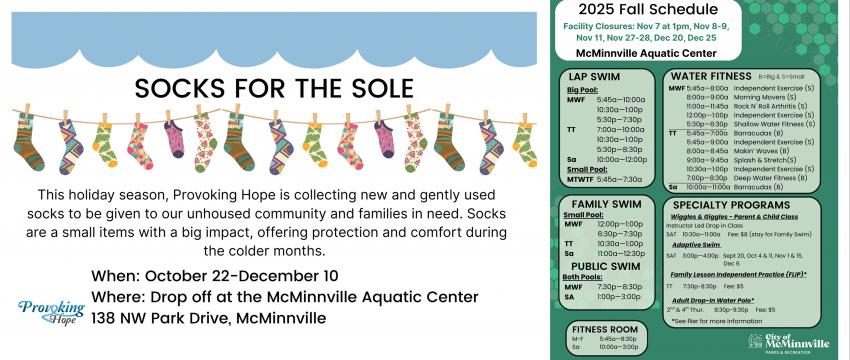 Sock Drive drop off October 22 to December 10 and Fall Schedule
