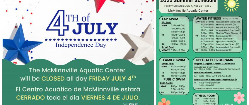 Aquatic Center is closed for the Fourth of July.
