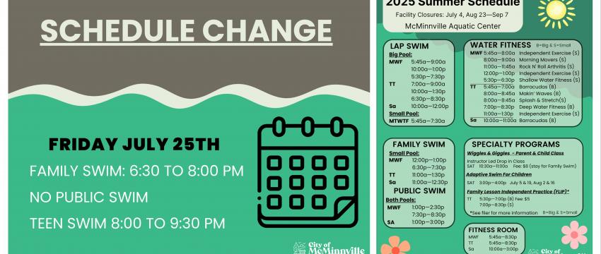 No evening public swim on July 25th and our summer schedule.