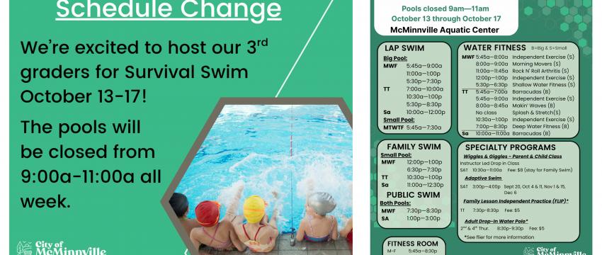 Survival swim occurring October 13 through October 17. The pools will be closed 9am to 11am.