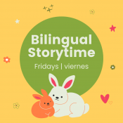 colorful artworkbunny and rabbit with text bilingual storytime fridays