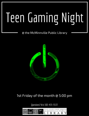 Teen Gaming Night (monthly) flyer
