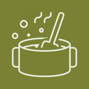 green background with line art of a cooking pot bubbling and simmering