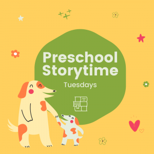 clipart of happy parent dog holding hands with little puppy with text Preschool Storytime