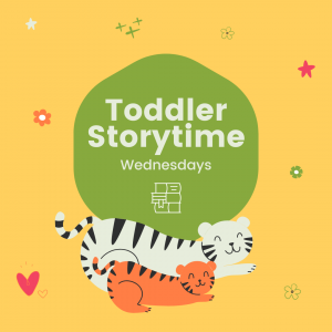 Clip of art of two smiling and stretching tigers one white one orange with text Toddler Storytime