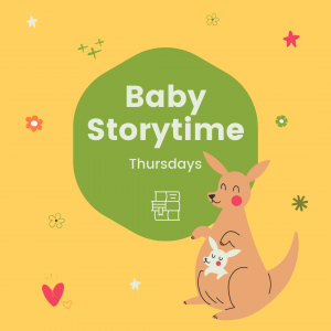 clipart of a blushing kangaroo with a joey in its pouch with text Baby Storytime