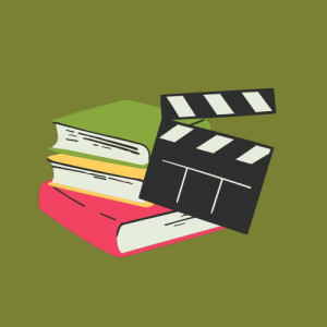 clipart stack of books and movie clapperboard