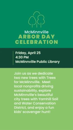 Image showing the City of McMinnville Arbor Day Event will occur April 25 starting at 4:30 PM at the McMinnville Public Library
