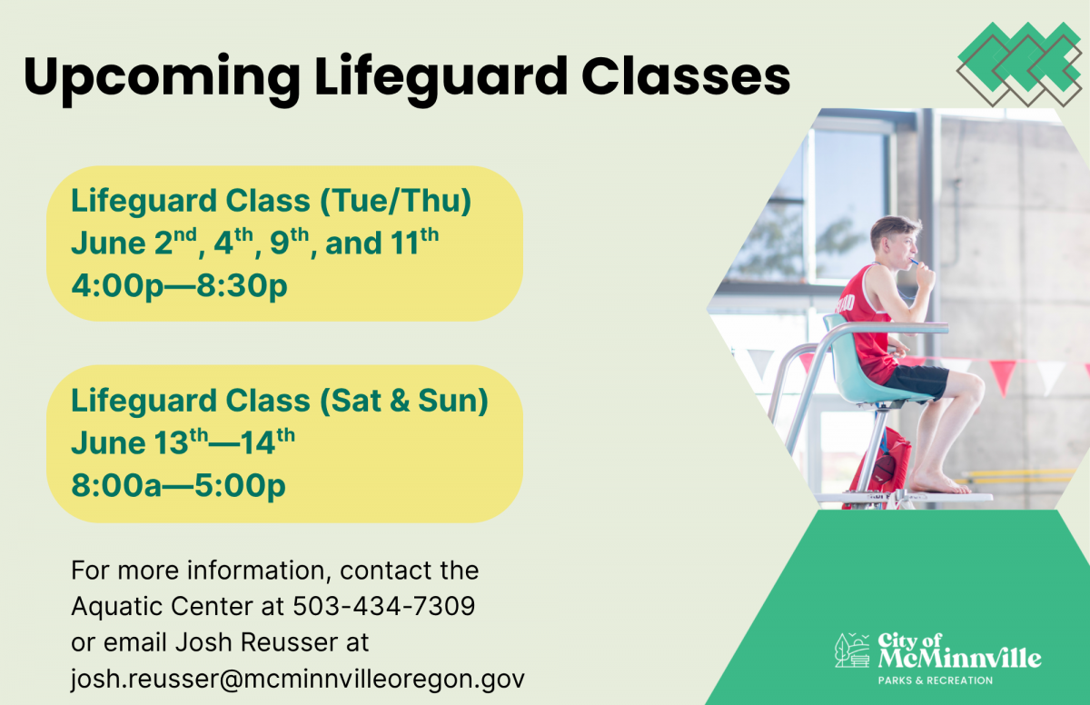 Upcoming: Lifeguard class on June 2—11 on Tuesdays and Thursdays 4p to 8:30p OR lifeguard class on June 13 & 14 8a—5p