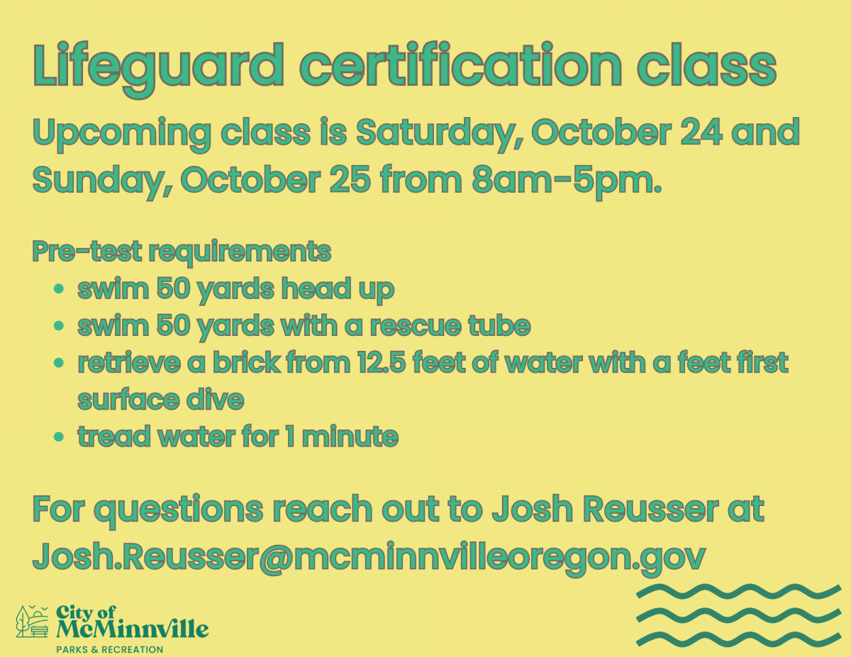 Upcoming lifeguard class on October 24 and 25 from 8am to 5pm. Please reach out to Josh R. with questions.