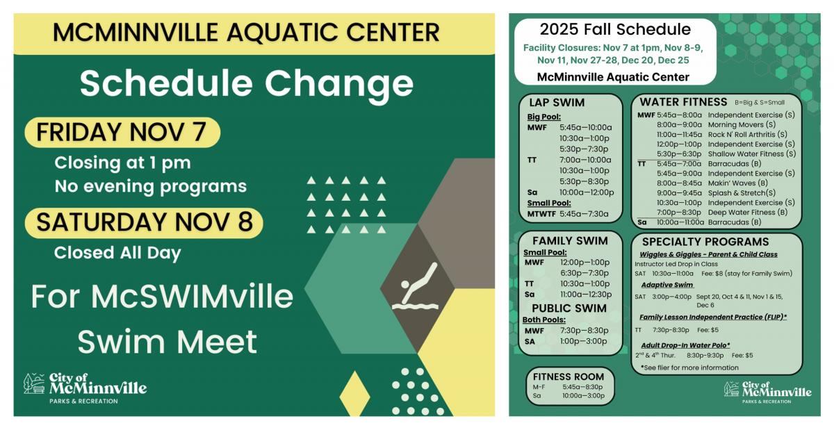 We are closing Friday November 9 at 1pm and closed all day Saturday, November 10 due to a swim meet!