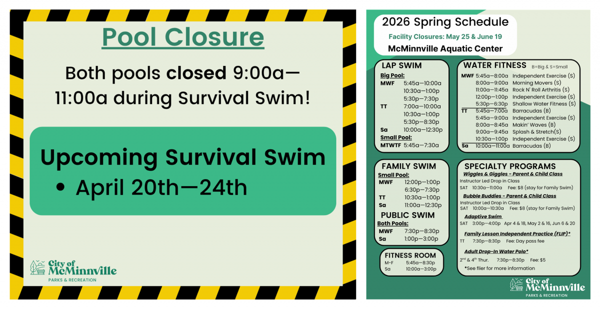 The aquatic center pools will be closed April 20 through April 24 from 9am to 11am due to survival swim and our spring schedule.