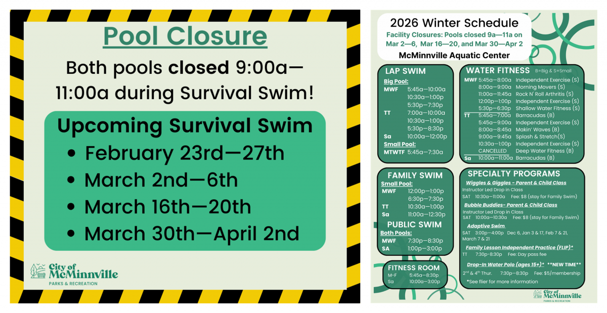 Upcoming survival swim weeks listed. The pool will close 9am to 11am during those weeks. Scroll below for the dates.