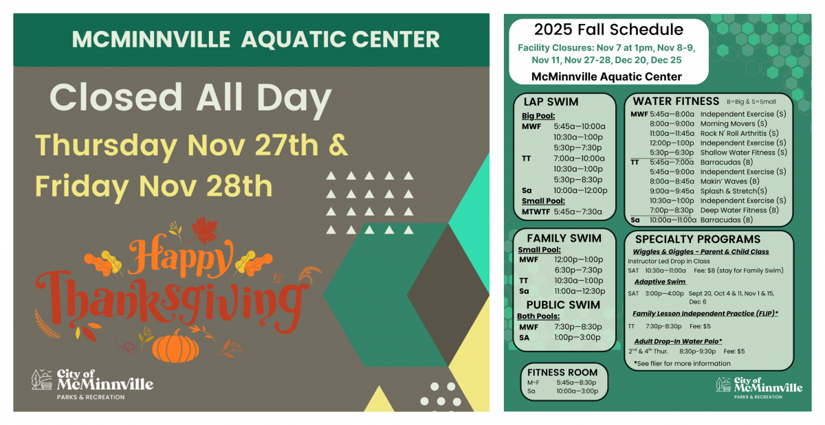 The aquatic center will be closed on Thursday, November 27 and Friday, November 28 for Thanksgiving!