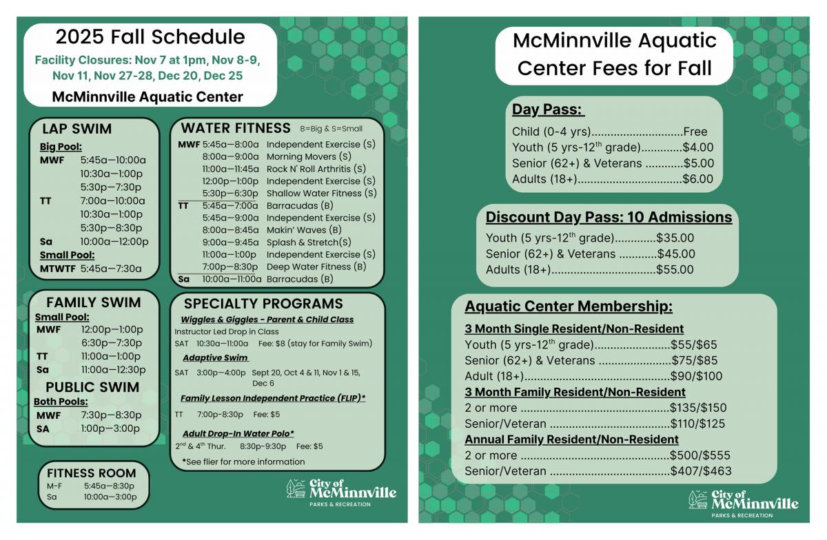 Updated Fall schedule and prices
