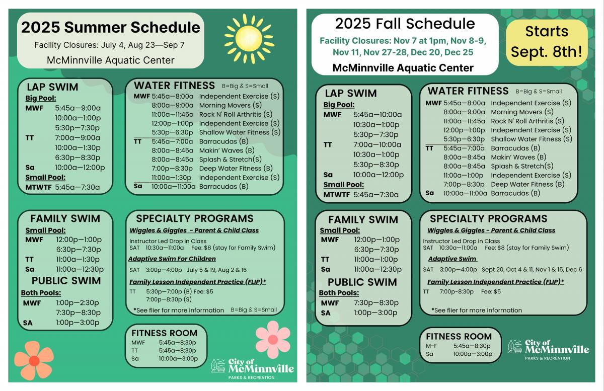 Summer schedule and Fall schedule Aquatic Center will close for our yearly cleaning on August 23 and our Fall Schedule will start September 8th!