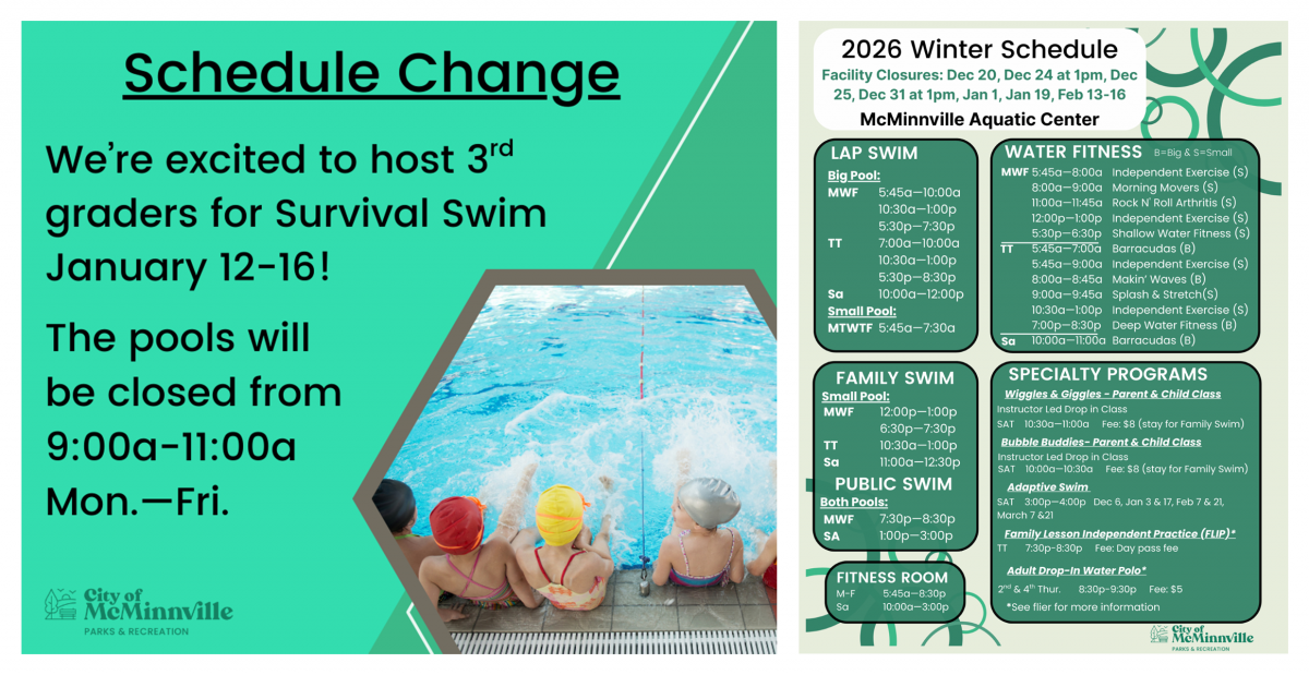 The aquatic center pools will be closed January 12 through January 16 from 9am to 11am and our winter schedule.