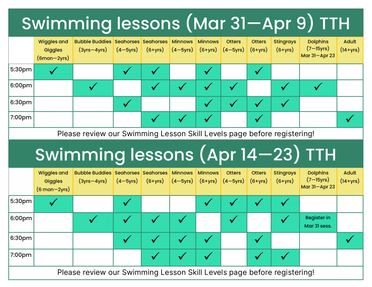 Swimming lesson dates will be viewable on the registration page before the 17th!