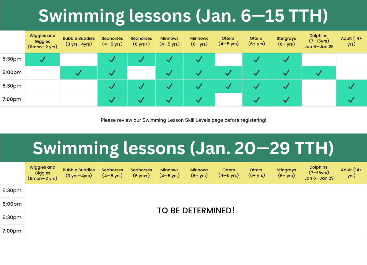 Schedule for swimming lessons (January)