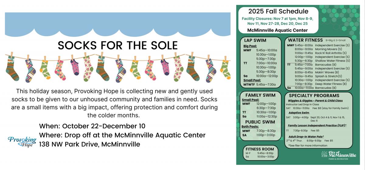 Sock Drive drop off October 22 to December 10 and Fall Schedule