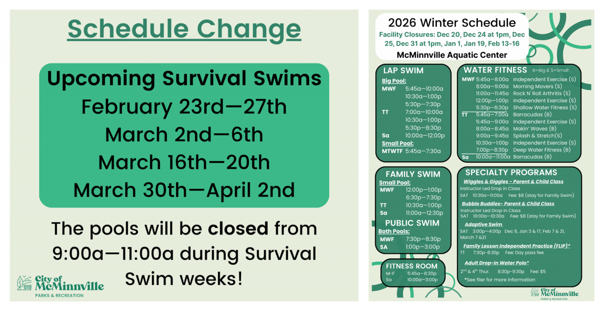 Upcoming survival swim weeks listed. The pool will close 9am to 11am during those weeks. Scroll below for the dates.