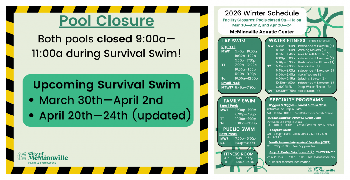 Upcoming survival swim weeks listed. The pool will close 9am to 11am during those weeks. Scroll below for the dates.