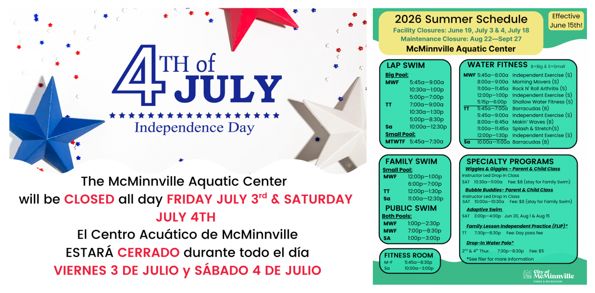 Aquatic Center is closed Friday, July 3 and Saturday, July 4 due to the holiday.