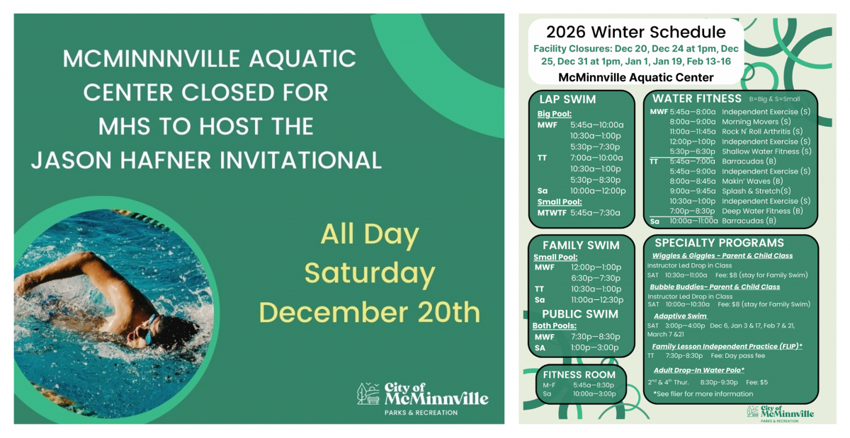 The aquatic center will be closed December 20 due to a swim meet and our winter schedule!