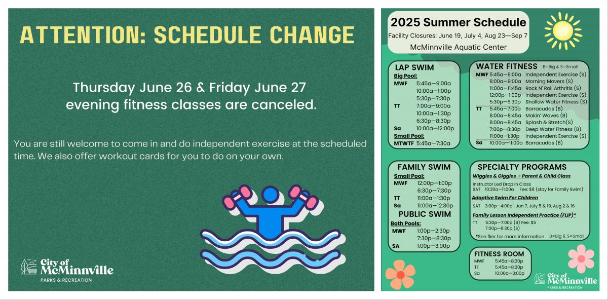 Please check our schedule closely, our hours have changed! No evening fitness classes on June 26 and 27. Pool space will be independent exercise!