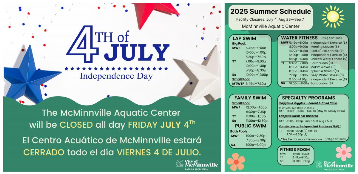 Aquatic Center is closed for the Fourth of July.
