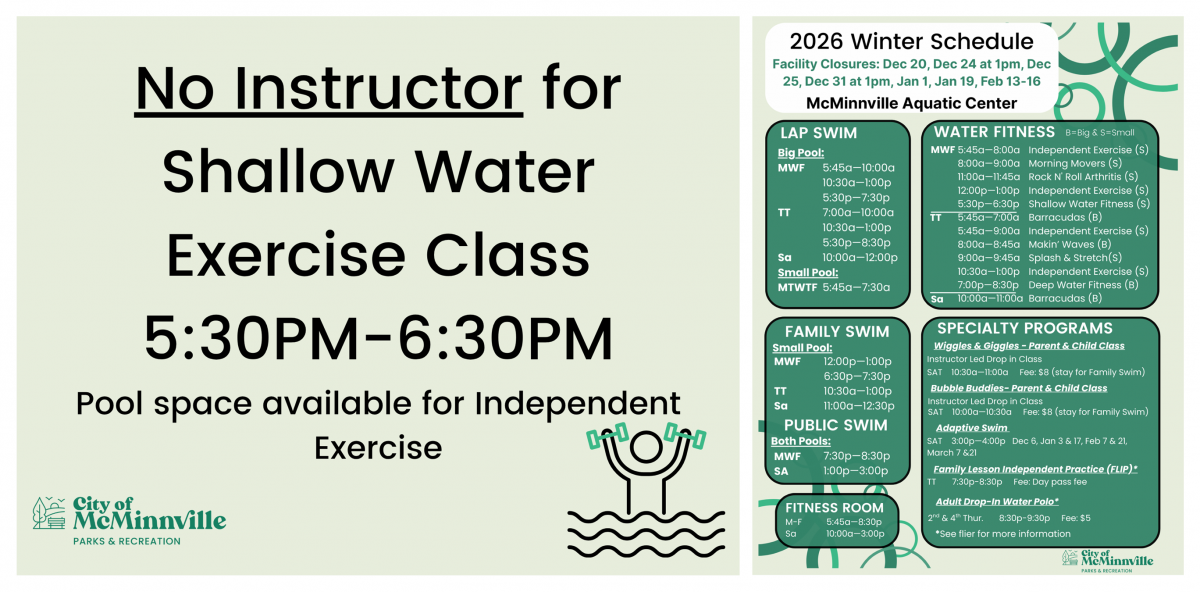 No instructor for shallow water fitness and our winter schedule