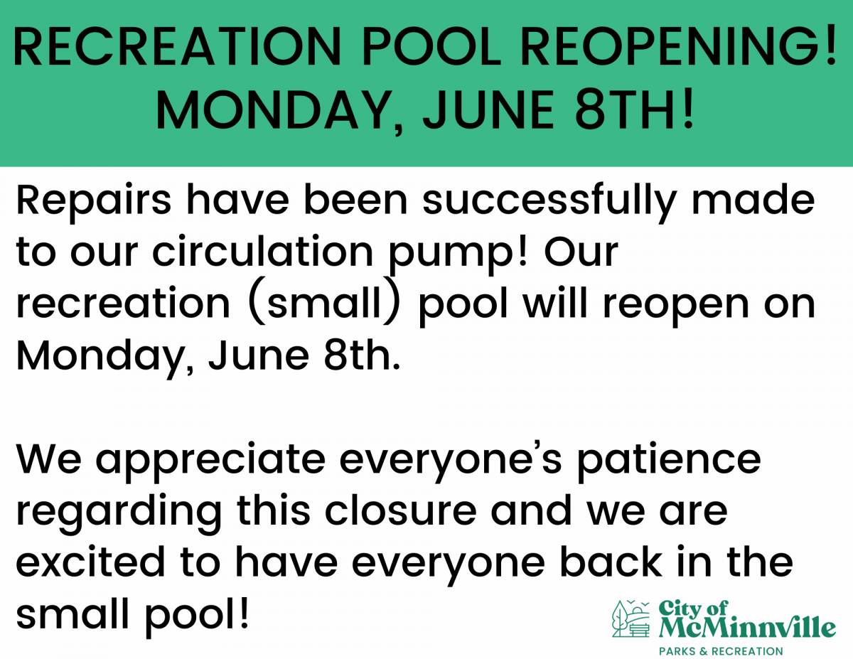 The small pool will reopen on Monday, June 8th!