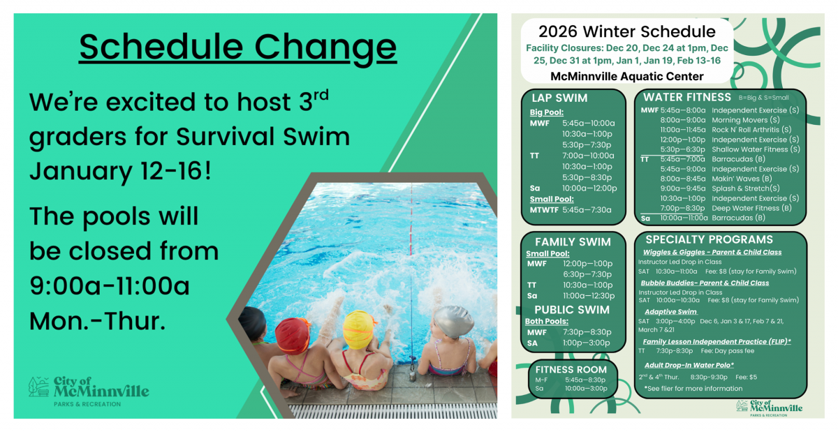 The aquatic center pools will be closed January 12 through January 16 from 9am to 11am and our winter schedule.