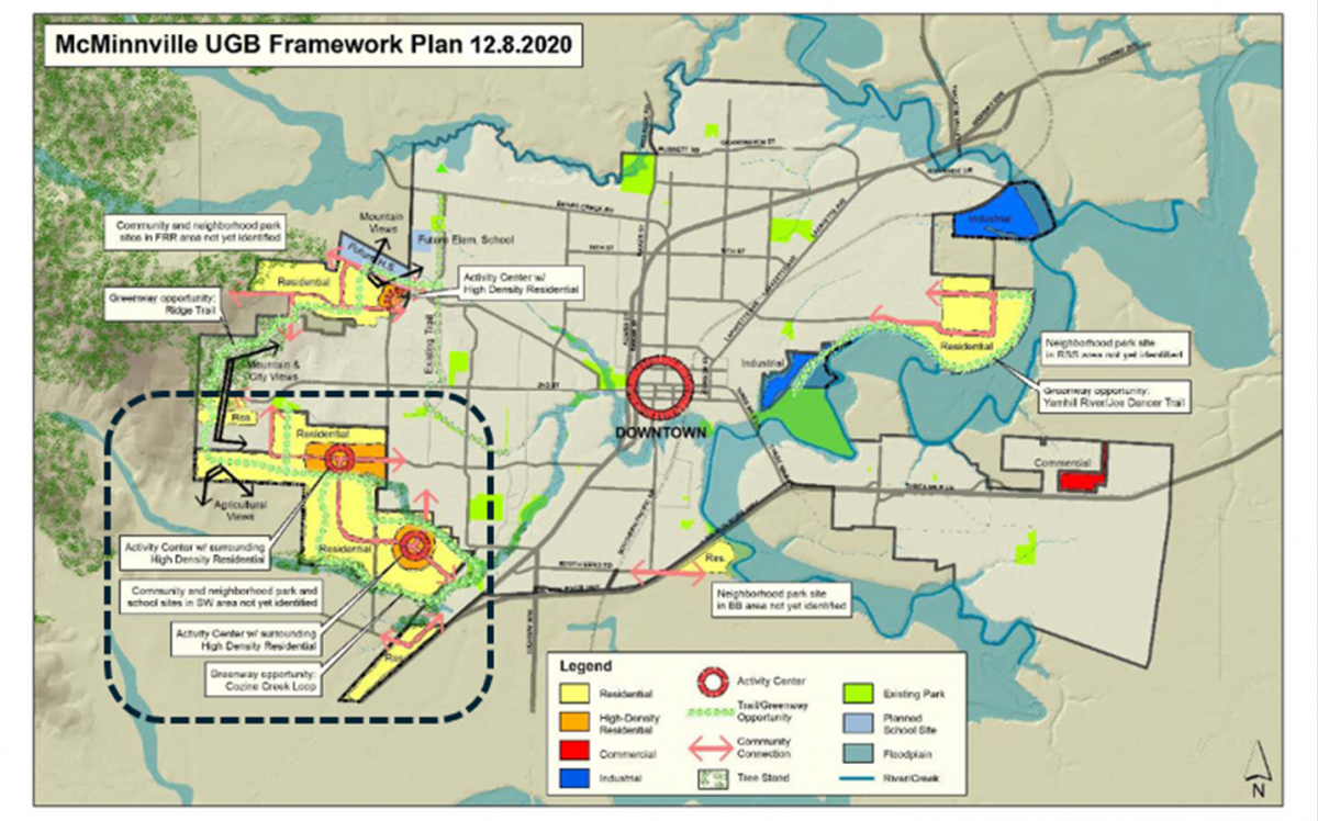 McMinnville Urban Growth Boundary Framework Plan with Southwest Area Plan Circled