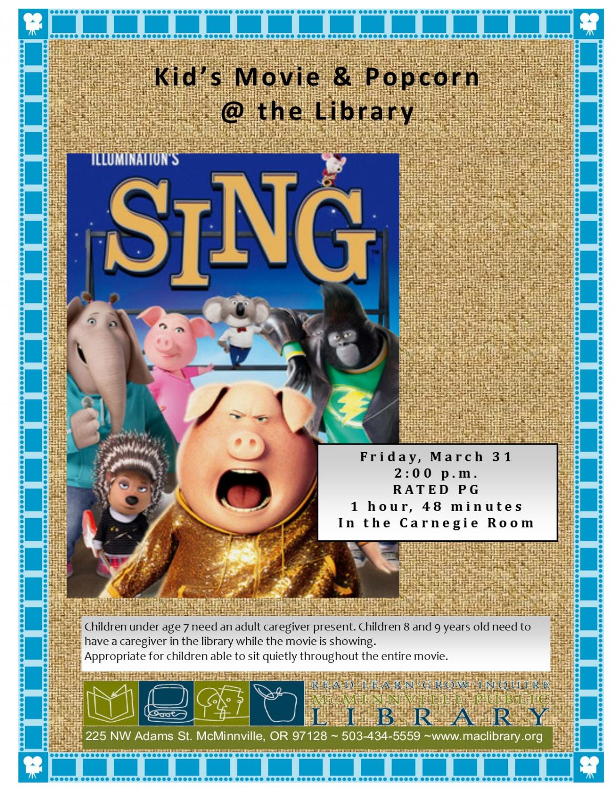 Kid's Movie Friday, March 31 at 2pm in the Carnegie Room 