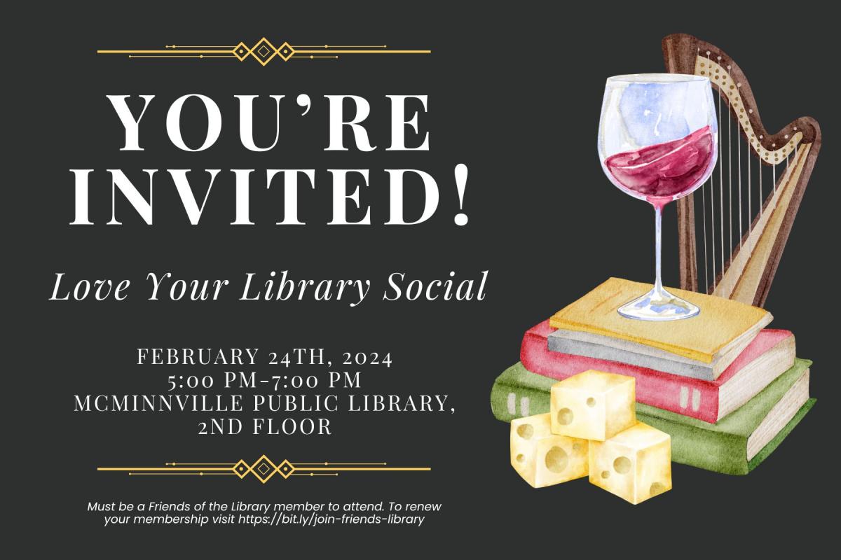 you're invited graphic with books, cheese, harp and wine and event details
