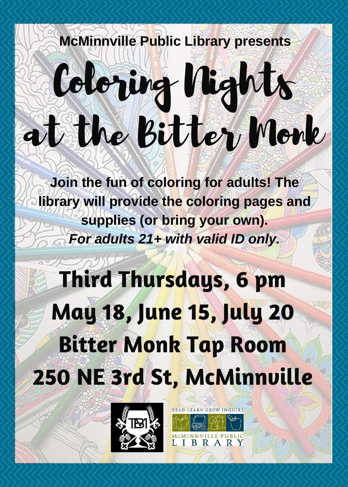 Coloring Nights at the Bitter Monk flyer
