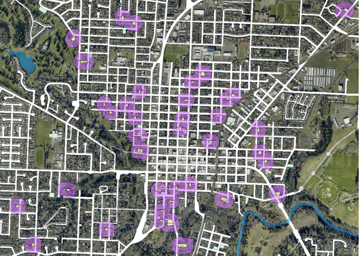 Areal map of short term rentals located in the city center of McMinnville, Oregon