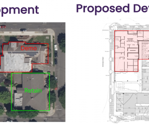 Shows the current development of the site and the proposed development