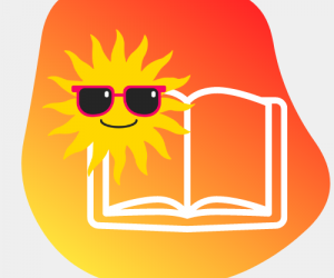orange blob with book icon and sun