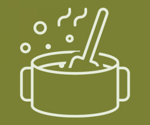 green background with line art of a cooking pot bubbling and simmering