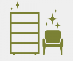line art bookshelf with reading char and magical sparkles