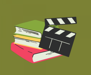 clipart stack of books and movie clapperboard