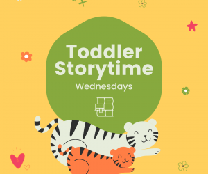 Clip of art of two smiling and stretching tigers one white one orange with text Toddler Storytime