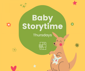 clipart of a blushing kangaroo with a joey in its pouch with text Baby Storytime