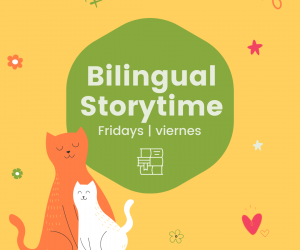 parent and child cats with text bilingual storytime fridays