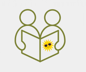 line art two people reading a book with sun