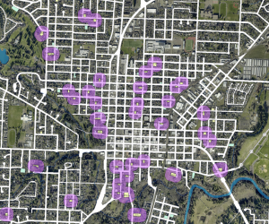 Areal map of short term rentals located in the city center of McMinnville, Oregon